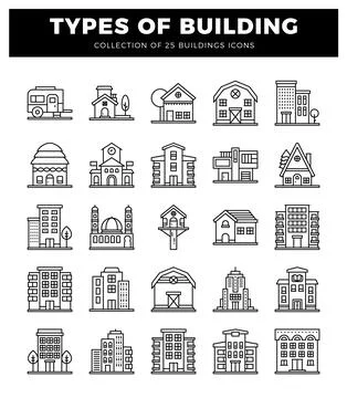 Iconography of diverse building types on a white background. distinct archi.. Ilustración de archivo
