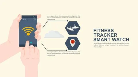Iconography for flat style design mobile phone in hand launches fitness train Stock Illustration