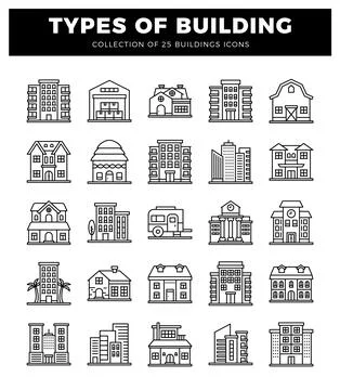 Iconography of various building types in a clean. modern line art style.  b.. Ilustración de archivo