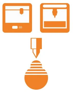 Icons of 3d printing technology, flat orange devices on white ba Stock Illustration