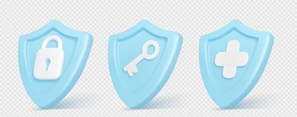 Icons of 3d shields with signs of plus, padlock Stock Illustration
