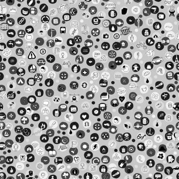 Icons and circles seamless pattern in grey Stock Illustration