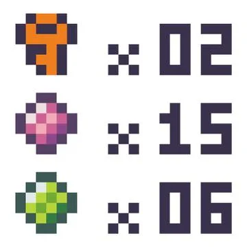 Icons and points in pixel style, score keys and gemstones, number and info board Stock Illustration