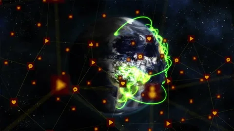 Icons appearing around rotating 3D globe, nodes connecting, green arcs tracing Stock Footage 311523899