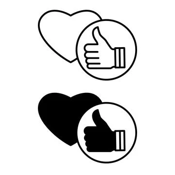 Like icons. Black and White Vector Icons of Thumb Up and Heart. Approval, F.. Stock Illustration