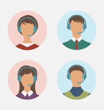 Icons of call center operator with man and woman are featureless wearing head Stock Illustration