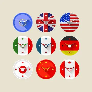 Icons for clocks Circle clocks with flags of the world on the dial. Copyri... Stock Photos