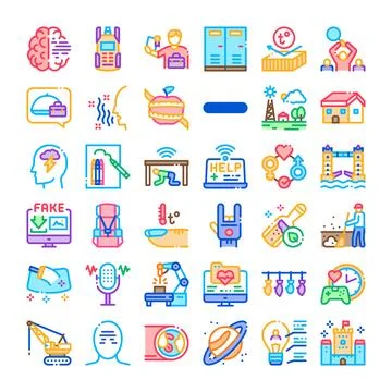Icons collection representing various modern global concepts and themes Stock Illustration