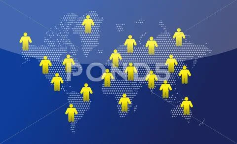 Icons connected on the world map Stock Illustration