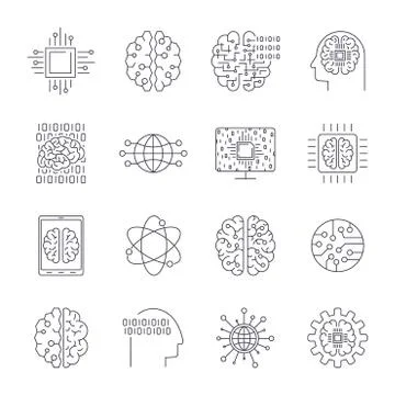 Icons in contour, thin and linear design. Artificial Intelligence, Modern tec 스톡 일러스트