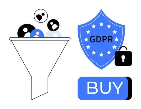Icons of a data processing funnel, GDPR shield with lock, and a buy button. I Illustrazione stock