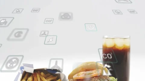 Icons drifting, causing soda to rise, fries and burger lifting, settling, Stock Footage 332505023