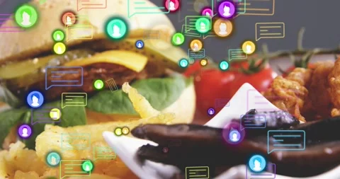 Icons drifting into frame, shot panning and zooming toward burger and fries, Stock Footage 328411371