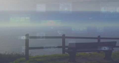 Icons drifting in starting digital interface elements overlaying wooden bench Stock Footage 317207030