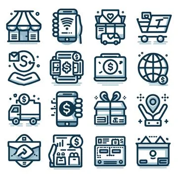 Icons for e-commerce and shopping. Line icons for online shopping. Illustrazione stock