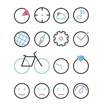Icons with element - circle. Chart, sight, cloud and sun, music, earth, com.. Stock Illustration