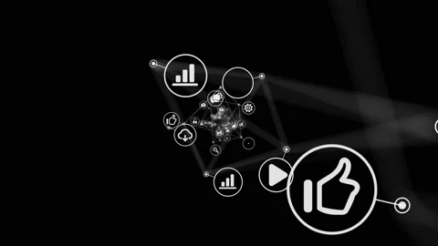 Icons Flowing in Abstract Space with Connected Lines on Black Background Stock Footage 95582956