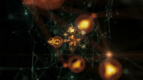 Icons Flying in Abstract Space Connected with Global Network with Lights Stock Footage 95590745