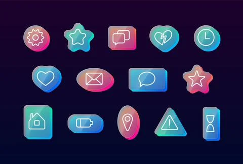 Icons glassmorphism effect vector set, letter, heart, star, battery charge Stock Illustration