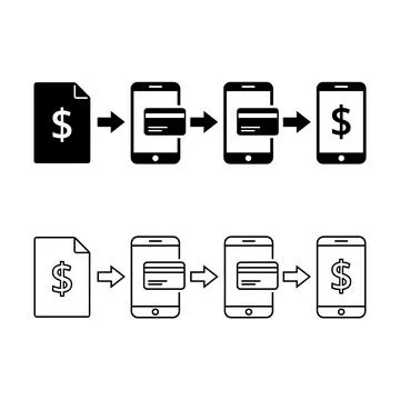 Icons illustrating mobile payment process: dollar bill, credit card inserted 스톡 일러스트