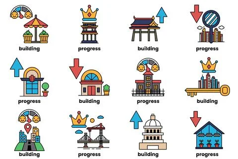 The icons include a building, a key, a coin, a ruler, a book, a house, a tree Ilustración de archivo