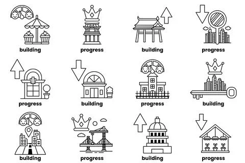 The icons include a building, a key, a coin, a ruler, a book, a house, a tree Ilustración de archivo