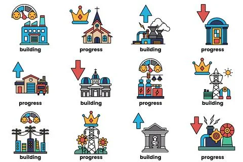 The icons include a building, a key, a coin, a ruler, a book, a house, a tree Ilustración de archivo