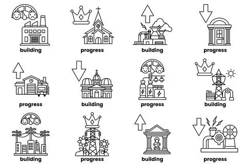 The icons include a building, a key, a coin, a ruler, a book, a house, a tree Ilustración de archivo