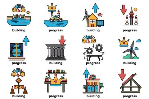 The icons include a building, a key, a coin, a ruler, a book, a house, a tree Ilustración de archivo