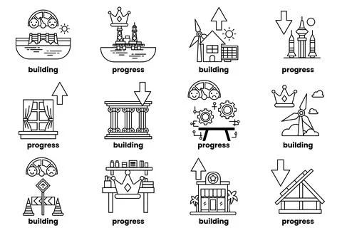 The icons include a building, a key, a coin, a ruler, a book, a house, a tree Ilustración de archivo