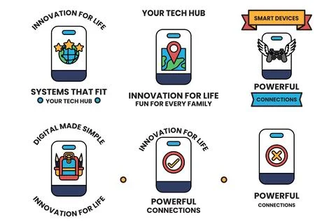 The icons include a globe, a check mark, a star, a backpack, a cell phone Stock Illustration