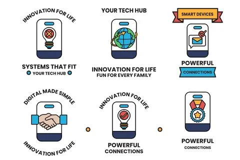 The icons include a handshake, a globe, a light bulb, a cell phone Stock Illustration