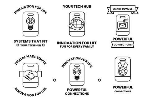 The icons include a handshake, a globe, a light bulb, a phone, and a computer Stock Illustration