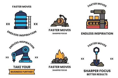 The icons include a machine, a shovel, a fire, a robot, a tank, and a drill Stock Illustration