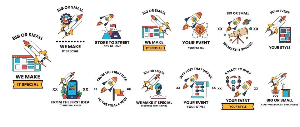 The icons include a rocket, a person, a computer, a clock, a book, a cell pho Stock Illustration