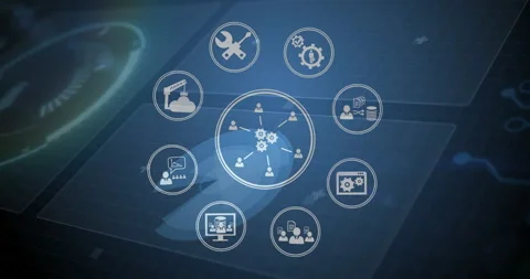 Icons interconnected, representing business and technology concepts in animation Stock Footage 303528756