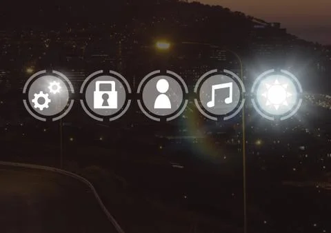 Icons interface of Internet Of Things over city background Ilustración de archivo