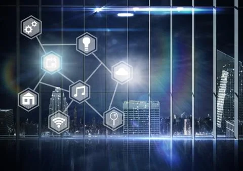 Icons interface of Internet Of Things over city background Stock Photos