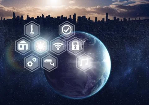 Icons interface of Internet Of Things over world city background Stock Photos