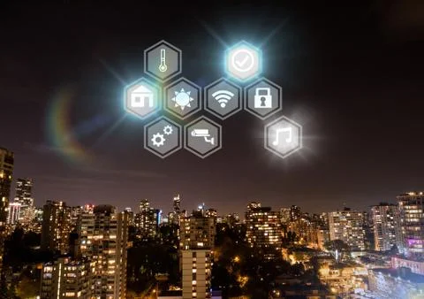 Icons interface of Internet Of Things over city background Stock Photos