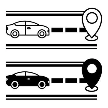 Icons Journey. Black and White Vector Icons. Car Drives Along Road to Speci.. Illustrazione stock