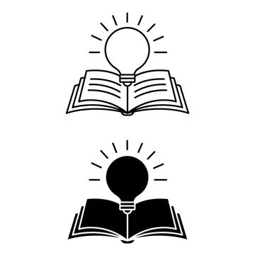 Icons Knowledge. Black and White Vector Icons of Opened Book and Light Bulb.. Stock Illustration