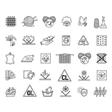 Icons Material Characteristics. Vector Illustrations Textile, Leather, Yarn.. Stock Illustration