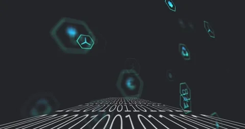 Icons materializing above binary plane while camera advancing, drifting rotating Stock Footage 319783034