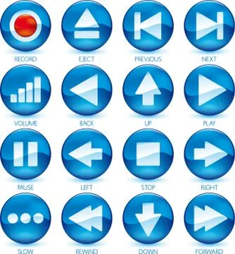 Icons of media control in circular buttons. Color blue. Stock Illustration