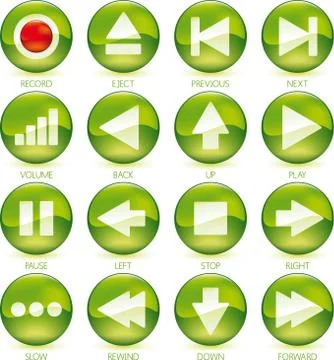 Icons of media control in circular buttons. Color green Stock Illustration