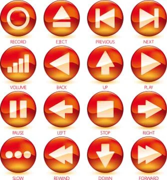 Icons of media control in circular buttons. Color red Stock Illustration