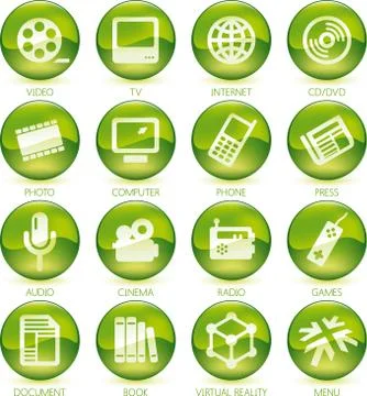 Icons of media control in circular buttons. Color green. Stock Illustration