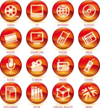 Icons of media control in circular buttons. Color red. Illustrazione stock