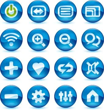 Icons of media control in circular buttons. Color blue. Stock Illustration